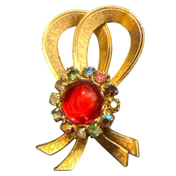 Vintage Jelly Belly Red Rhinestone Bow Brooch Pin Gold-Tone Metal With Multicolo - Picture 1 of 9